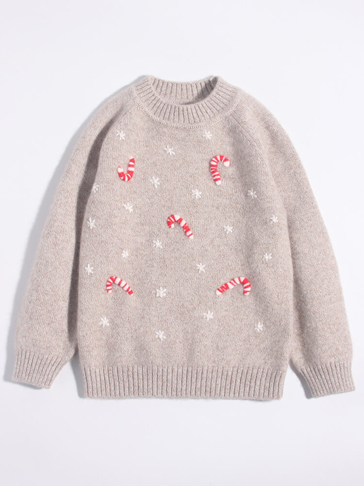 Kids Soft Cashmere Holiday Sweater with Candy Cane and Snowflake